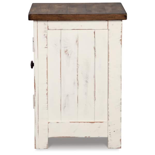Wystfield 14 in. White/Brown Rectangle Wood Chairside End Table with Cabinet and Shelf