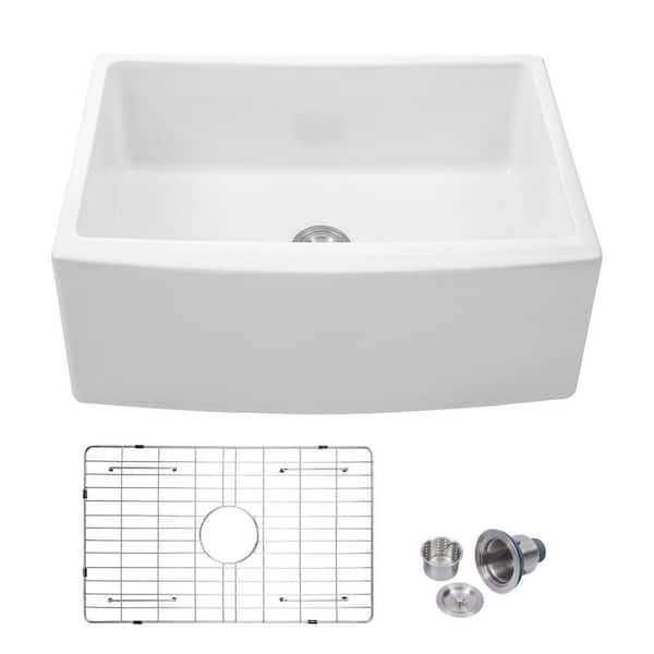 24 in. Farmhouse/Apron-Front Sink Single Bowl White Fireclay Kitchen Sink with Bottom Grid and Drain Assembly