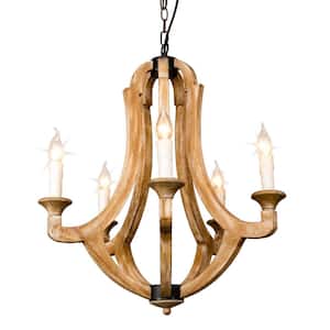 5-Light Wood Farmhouse Candle Style Empire Chandelier Dining Room Hanging Pendant Light