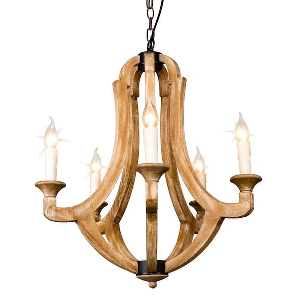 Parrot Uncle 5-Light Wood Farmhouse Candle Style Empire Chandelier Dining Room Hanging Pendant Light