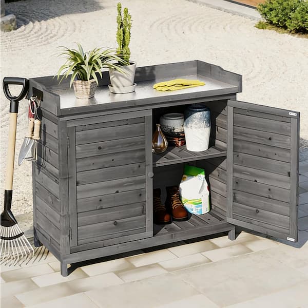 39 in. Grey Potting Bench Table Wood Workstation Storage Cabinet Garden Shed with 2-Tier Shelves and Side Hook