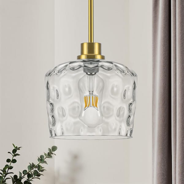RayHome 1-Light Gold Pendant Light with Water-patterned Glass for Kitchen Island Living Room