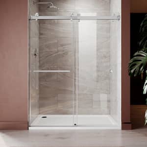 UKD01 56 to 60 in. W x 76 in. H Double Sliding Frameless Shower Door in Brushed Nickel, EnduroShield 3/8 in. Clear Glass