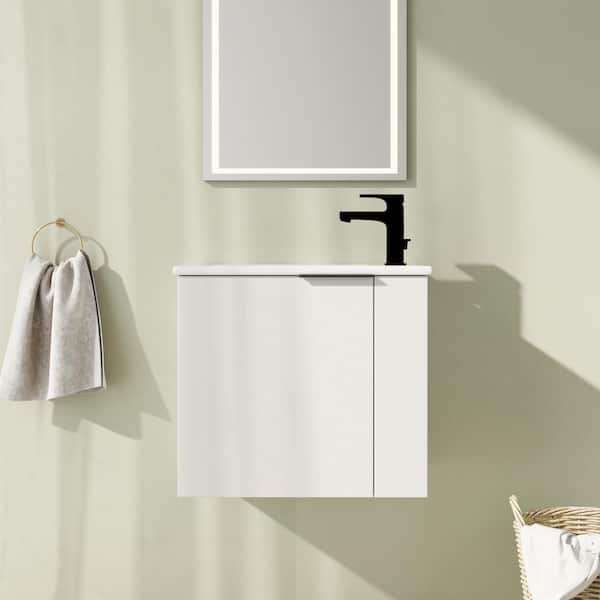 22 in. Wall-Mounted Single White Bath Vanity with White Ceramic Vanity Top Unassembled
