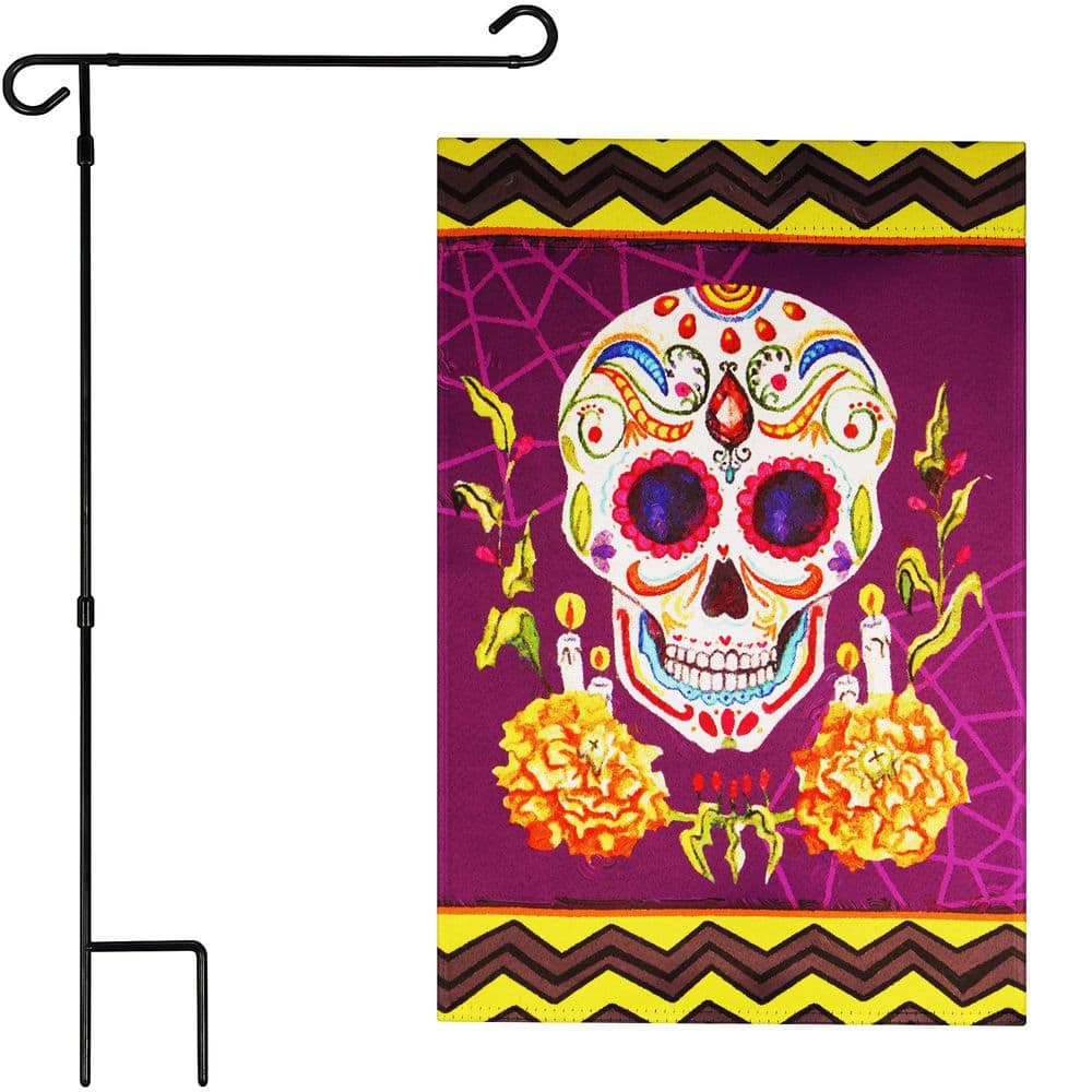 1 ft. x 1.5 ft. Polyester Sugar Skull 2-Sided Garden Flag Blockout with 36 in. Black Iron Garden Stand price history on PriceWatchPro