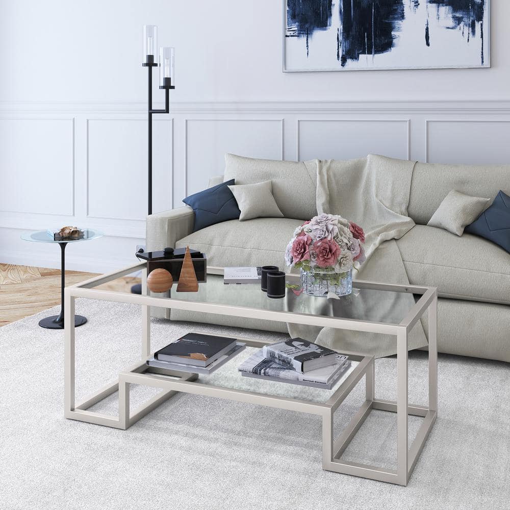 Athena 45" Satin Nickel Rectangular Metal & Glass Coffee Table
