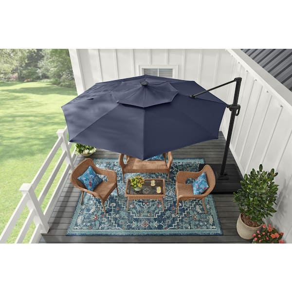 11 ft. Aluminum Cantilever Solar LED Offset Patio Umbrella in Midnight Blue