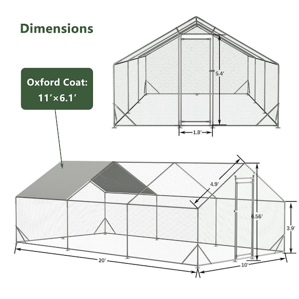10 ft. L x 20 ft. W x 6.3 ft. H Large Walk-in Metal Chicken Coop Run with Waterproof Cover