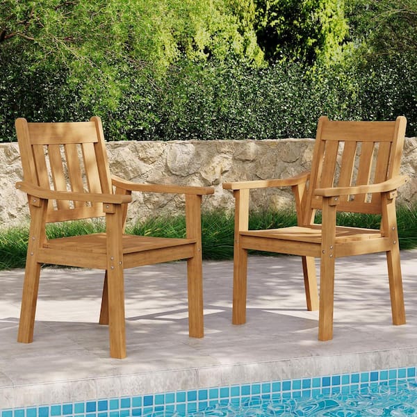 Teak Plastic Outdoor Patio Dining Chairs with Armrest (Set of 2)