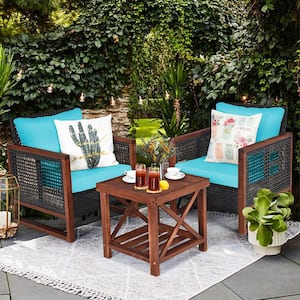 3-Pieces Wood Patio Conversation Set with Turquoise Cushions