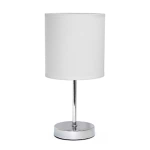 11.81 in. White Traditional Petite Metal Stick Bedside Table Desk Lamp in Chrome with Fabric Drum Shade