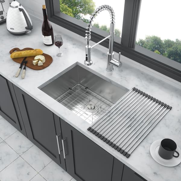 Unbranded 23 in. Undermount Single Bowl 18 Gauge Brushed Nickel Stainless Steel Kitchen Sink with Bottom Grids