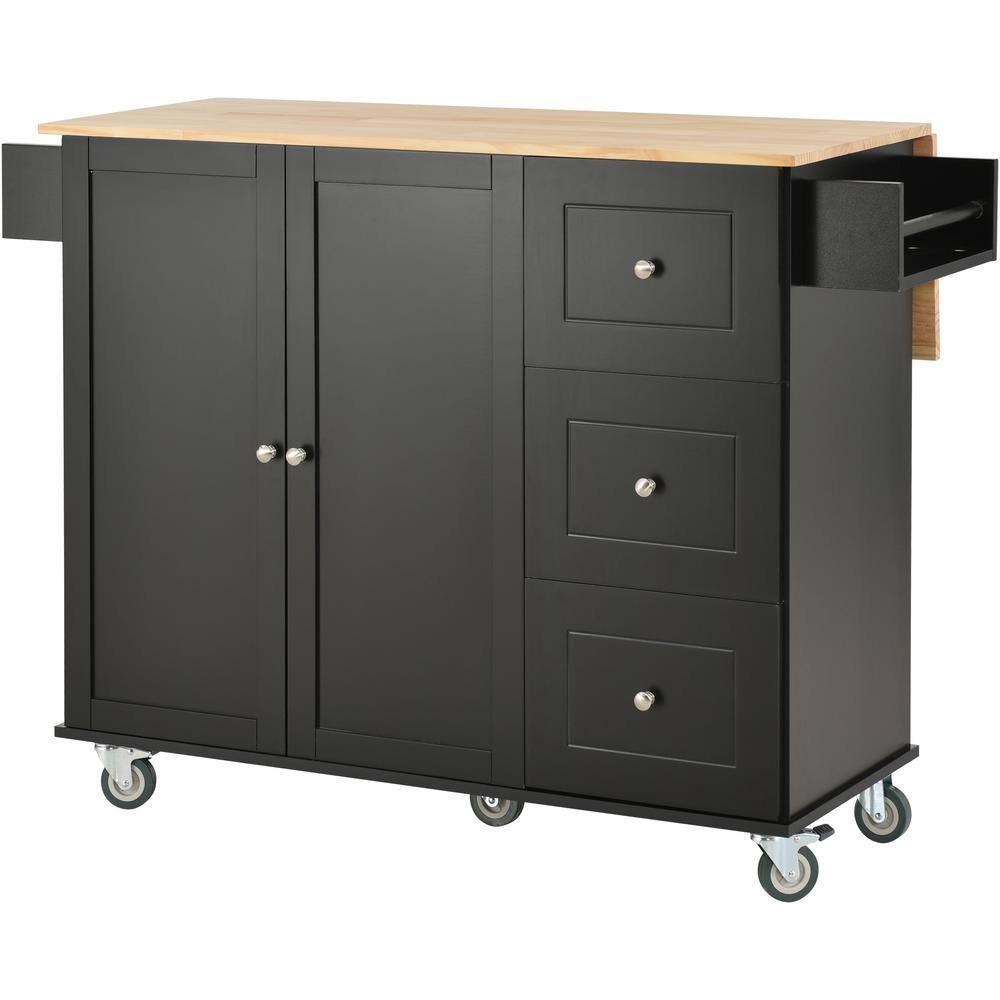 Black Solid Wood Kitchen Cart with Drop-Leaf Breakfast Bar, Spice Rack, Tow