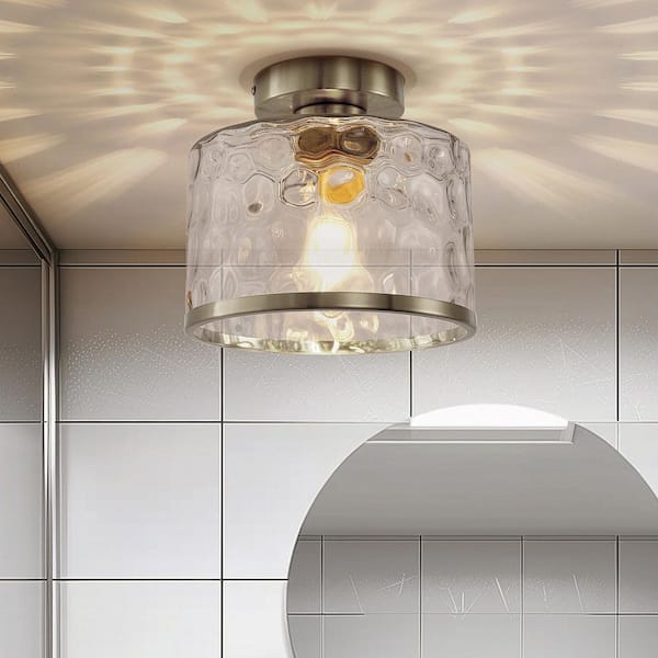 9 in. 1-Light Brushed Nickel Round Clear Glass Semi-Flush Mount with Water Glass Shade and No Bulbs Included 1-Pack