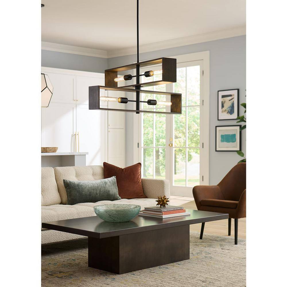 Matte Black and Wood 4-Light Geometric Chandelier