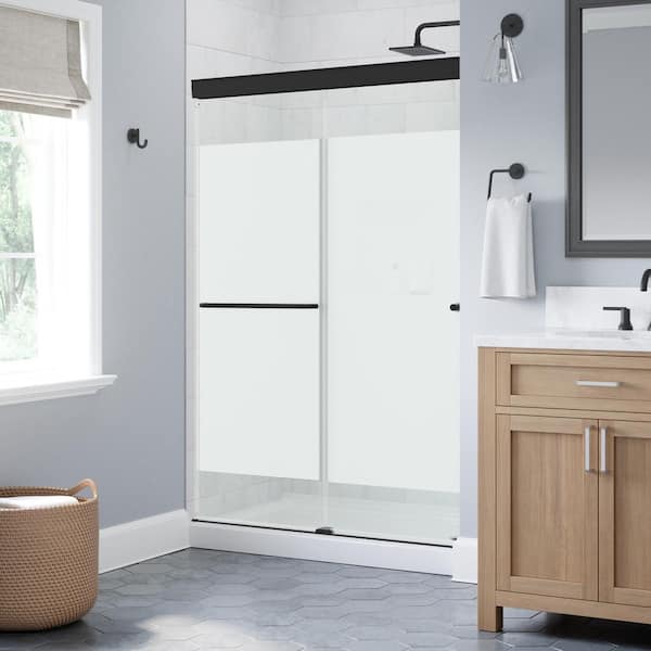 Portwood 44 to 48 in. W x 70-1/4 in. H Semi-Frameless Sliding Shower Door in Matte Black with 1/4 in. Privacy Glass