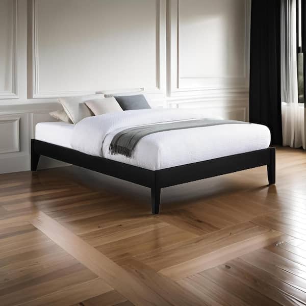 Benjara Cavi Black Wood Frame Queen Size Platform Bed with Low Profile Tapered Legs