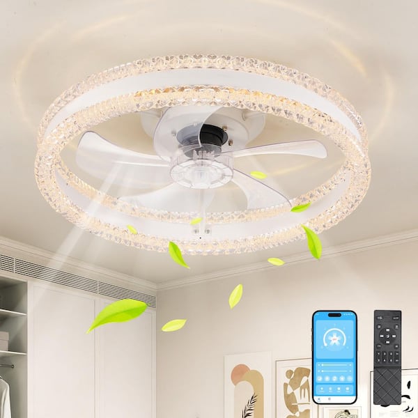 Virella 20 in. LED Indoor White Crystal Bladeless Low Profile Ceiling Fan Flush Mount Smart App Remote Control, Dimmable