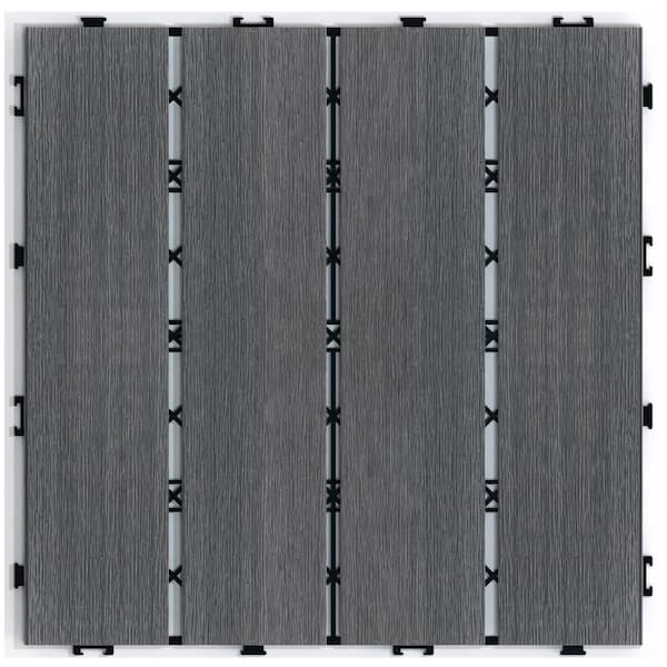 GOGEXX 11.8 in. W x 11.8 in. L Outdoor Striped Pattern WPC Composite Interlocking Flooring Deck Tiles (Set of 11) in Dark Gray