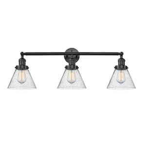 Cone 32 in. 3-Light Matte Black Vanity Light with Seedy Glass Shade