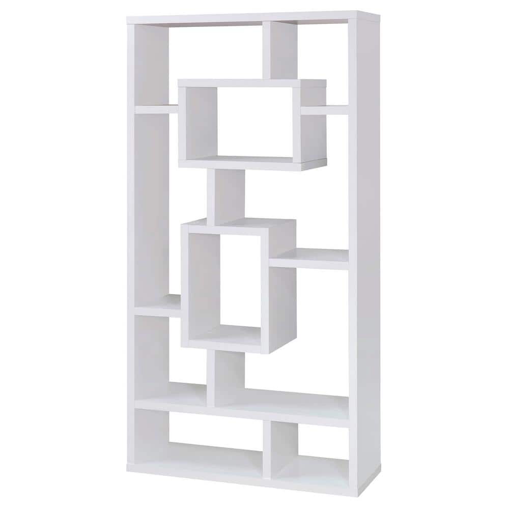 Contemporary White Wood Ladder Bookcase with 10 Varied Shelves
