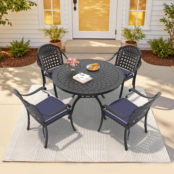 Isabella Black 5-Piece Cast Aluminum Outdoor Dining Set with Round Table and Dining Chairs and Random Color Seat Cushion