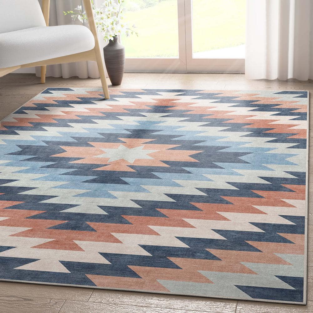 Southwestern Blue and Coral Chenille Flatweave Area Rug 3'3" x 5'