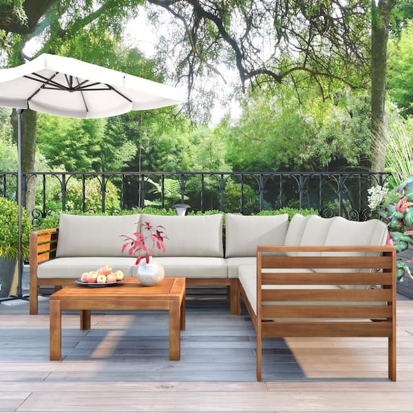 Unbranded 4-Piece Acacia Wood Patio Conversation Set Outdoor Sofa Set with Cushions in Beige and Coffee Table