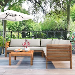 4-Piece Acacia Wood Patio Conversation Set Outdoor Sofa Set with Cushions in Beige and Coffee Table