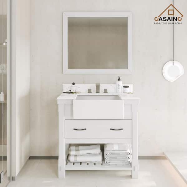 CASAINC 36 in. W x 21 in. D x 35 in. H Freestanding Single Sink Solid Wood Bath Vanity in White with White Quartz Top and Mirror