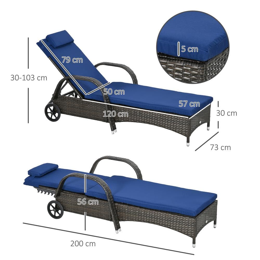 Outsunny Blue Cushioned Wicker Chaise Lounge Set with Adjustable Backrest