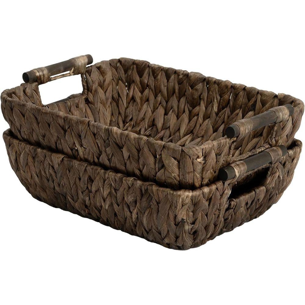 Dark Brown 15 in. x 5 in. Hand-Woven Storage Baskets with Wooden