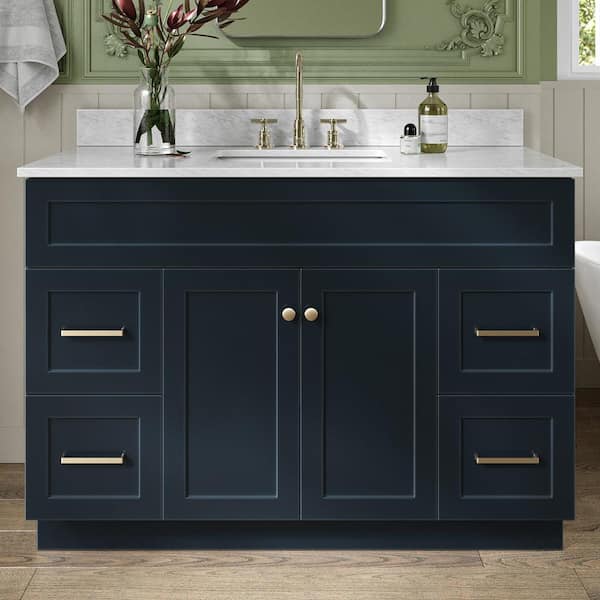 ARIEL Hamlet 49 in. W x 22 in. D x 35.25 in. H Freestanding Bath Vanity in Midnight Blue with White Marble Top