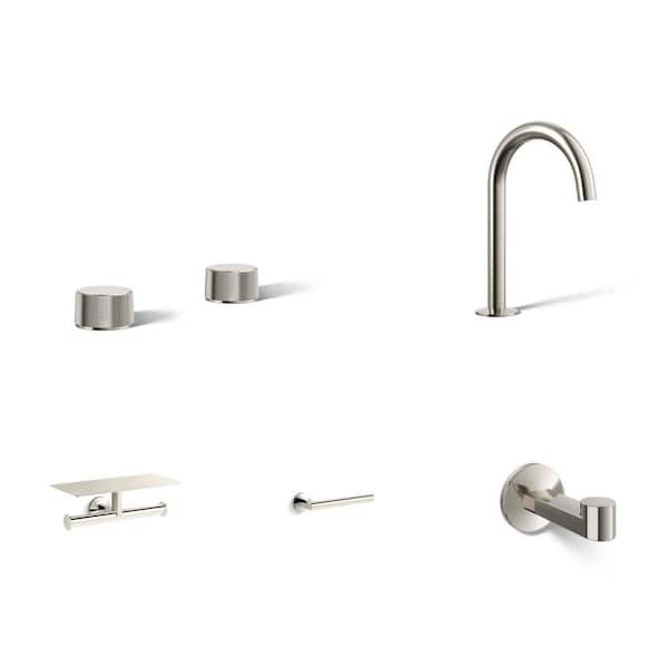 Oyl Faucet Handles, Spout, Double Toilet Paper Holder, 10 in. Towel Bar and Robe Hook Set in Vibrant Polished Nickel