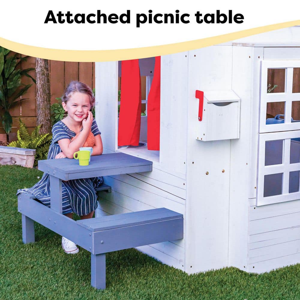 KidKraft White Wooden Outdoor Playhouse with Picnic Table and Grill