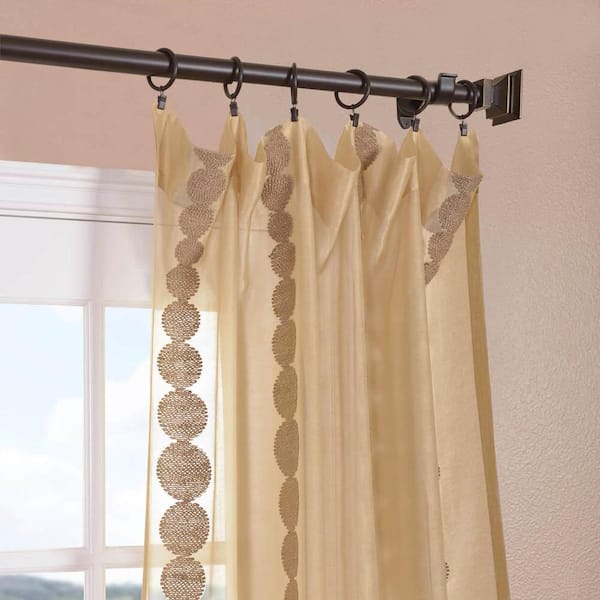 Cleopatra Gold Striped Embroidered 50 in. W x 96 in. L Rod Pocket Sheer Curtain (Panel 1)