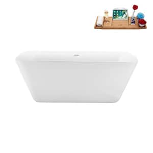 59 in. Acrylic Flatbottom Non-Whirlpool Bathtub in Glossy White with Brushed Gold Drain and Tray