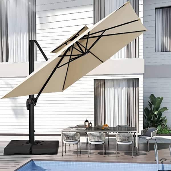 JEAREY 12 ft. x 12 ft. Square Two-Tier Top Rotation Outdoor Cantilever Patio Umbrella with Cover in Beige