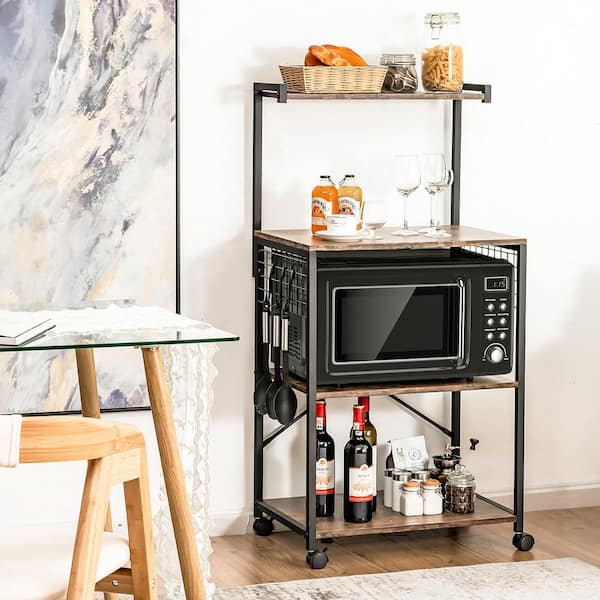 Brown 4-Tier Rolling Bakers Rack Industrial Utility Microwave Oven Stand Cart with Hooks