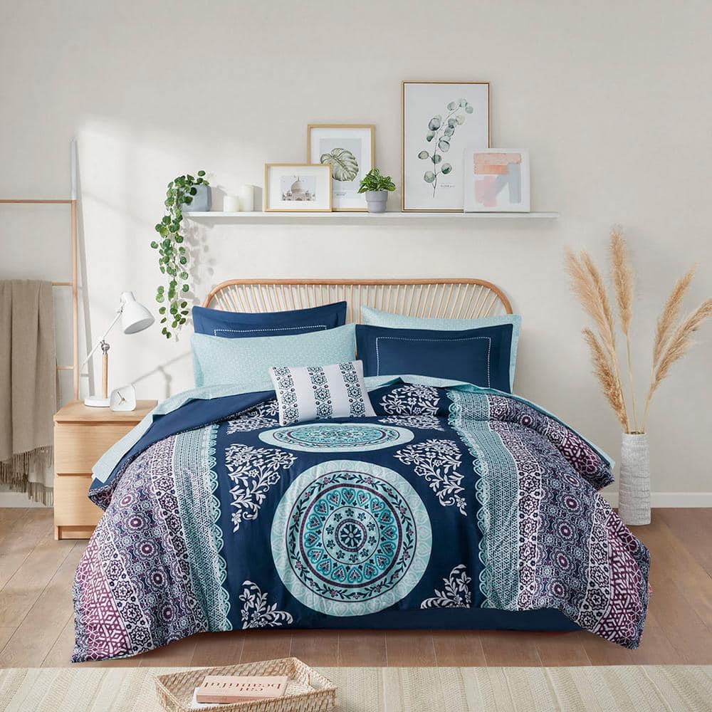Navy Blue Boho Medallion Microfiber Full Bed in a Bag Set