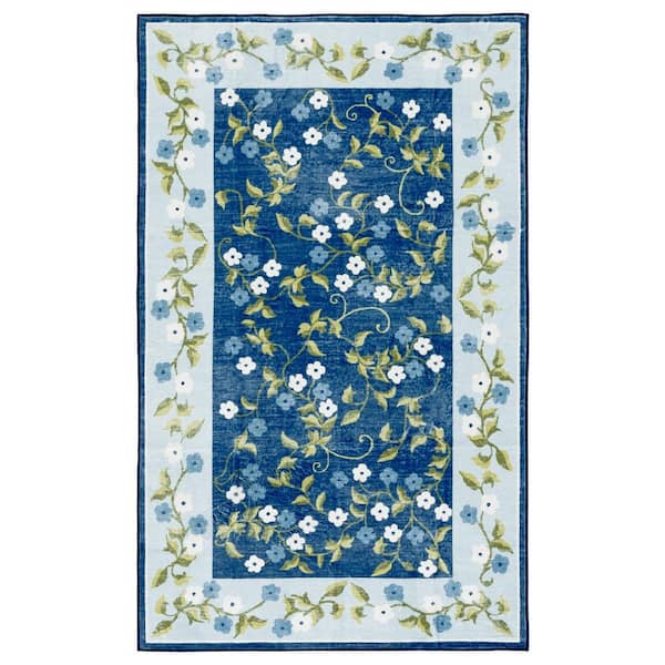 Martha Stewart Washable Dark Blue/Light Blue 4 ft. x 6 ft. Machine Washable Floral Border Abstract Area Rug
