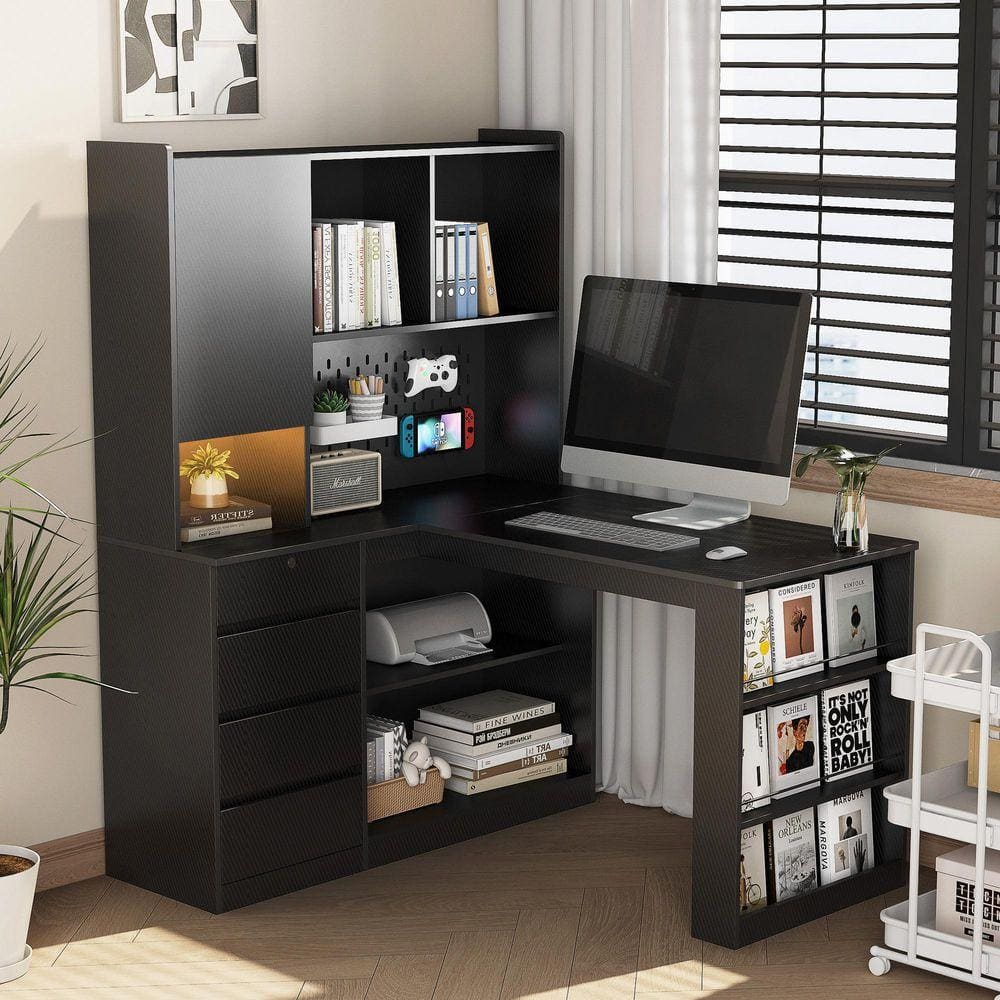 anpport 46 in. L-Shaped Black Wood 4-Drawer Computer Desk with