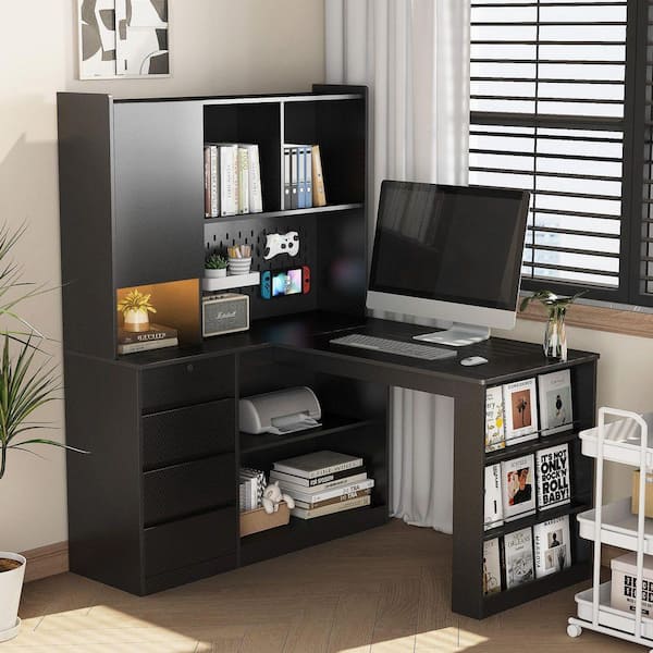 46 in. L-Shaped Black Wood 4-Drawer Computer Desk with Open Shelves and Charging Station