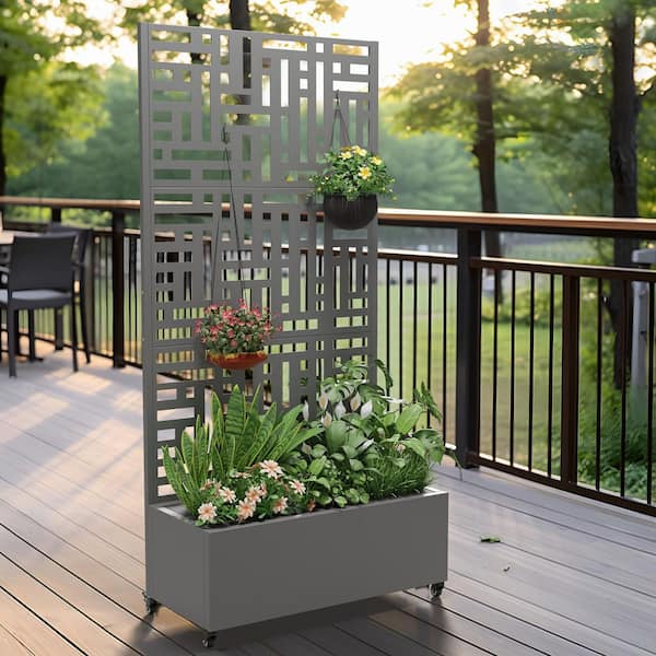 72 in. x 35 in. Grey Outdoor Metal Privacy Screen Raised Planter Box Wall Decor