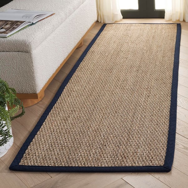 Natural Fiber 3 ft. x 8 ft. Natural/Navy Blue Abstract Solid Border Runner Rug