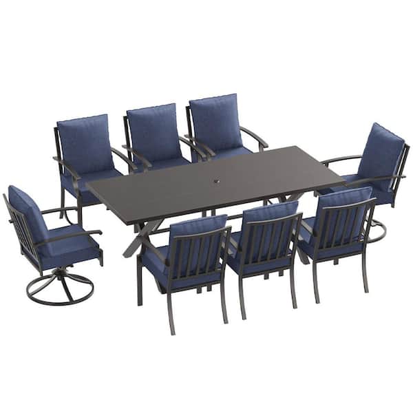 9-Piece Metal Outdoor Dining Set with 6 Dining Chairs, 2 Swivel Rocking Chairs and Cushion Navy Blue