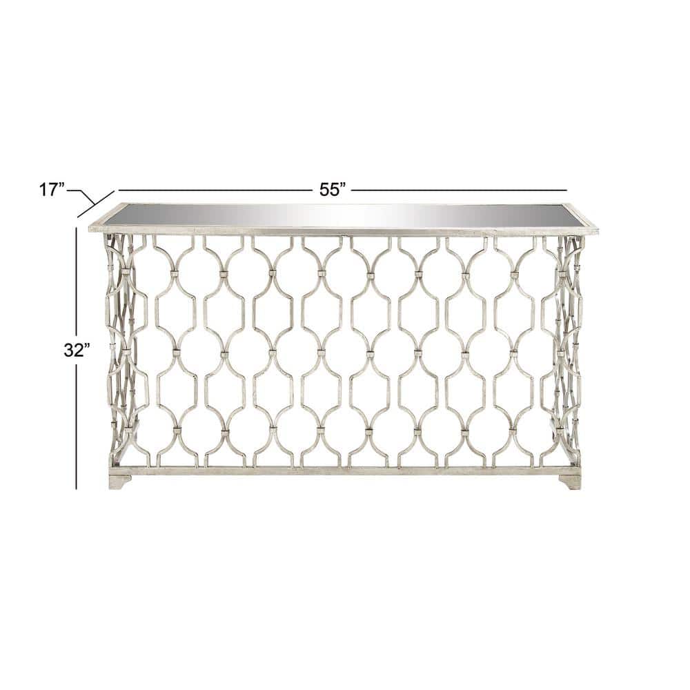 Silver Metal Console Table with Mirrored Glass Top and Trellis Pattern