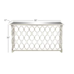 55 in. Silver Extra Large Rectangle Metal Geometric Console Table with Mirrored Glass Top