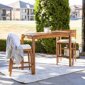 Acacia Brown 3-Piece Wood Rectangle Counter Height Outdoor Dining Set with White Cushions