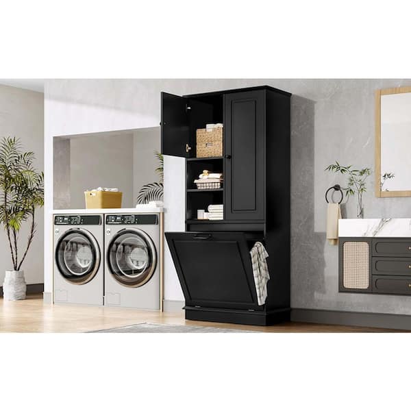 XUJMK 30 in. W x 14 in. D x 68 in. H Black Linen Cabinet, Bathroom